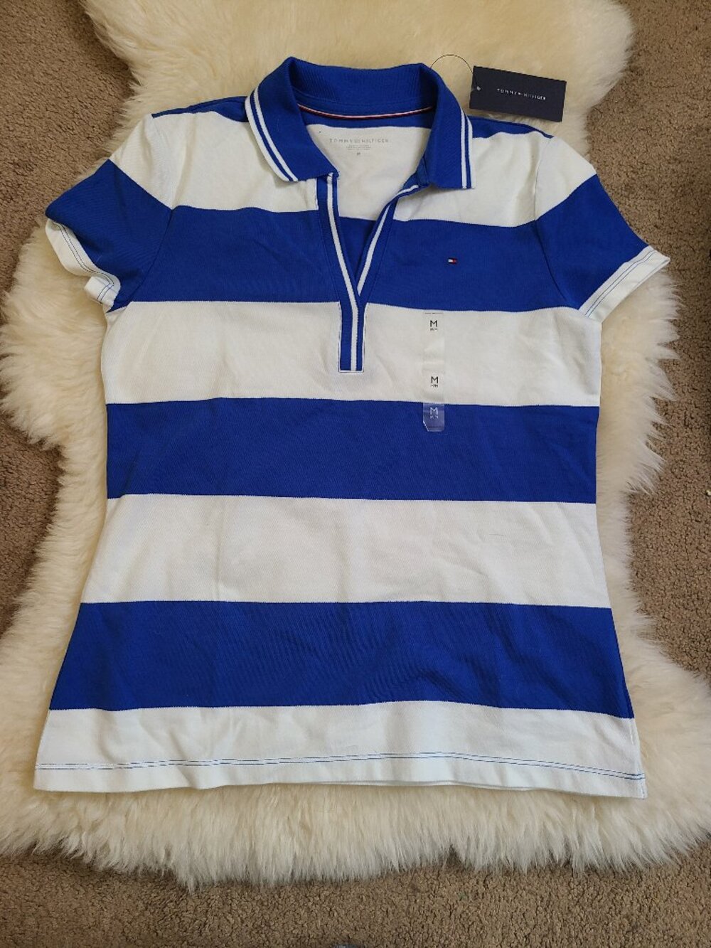 Tommy Hilfiger V Neck Striped Short Sleeve Polo Top - Medium